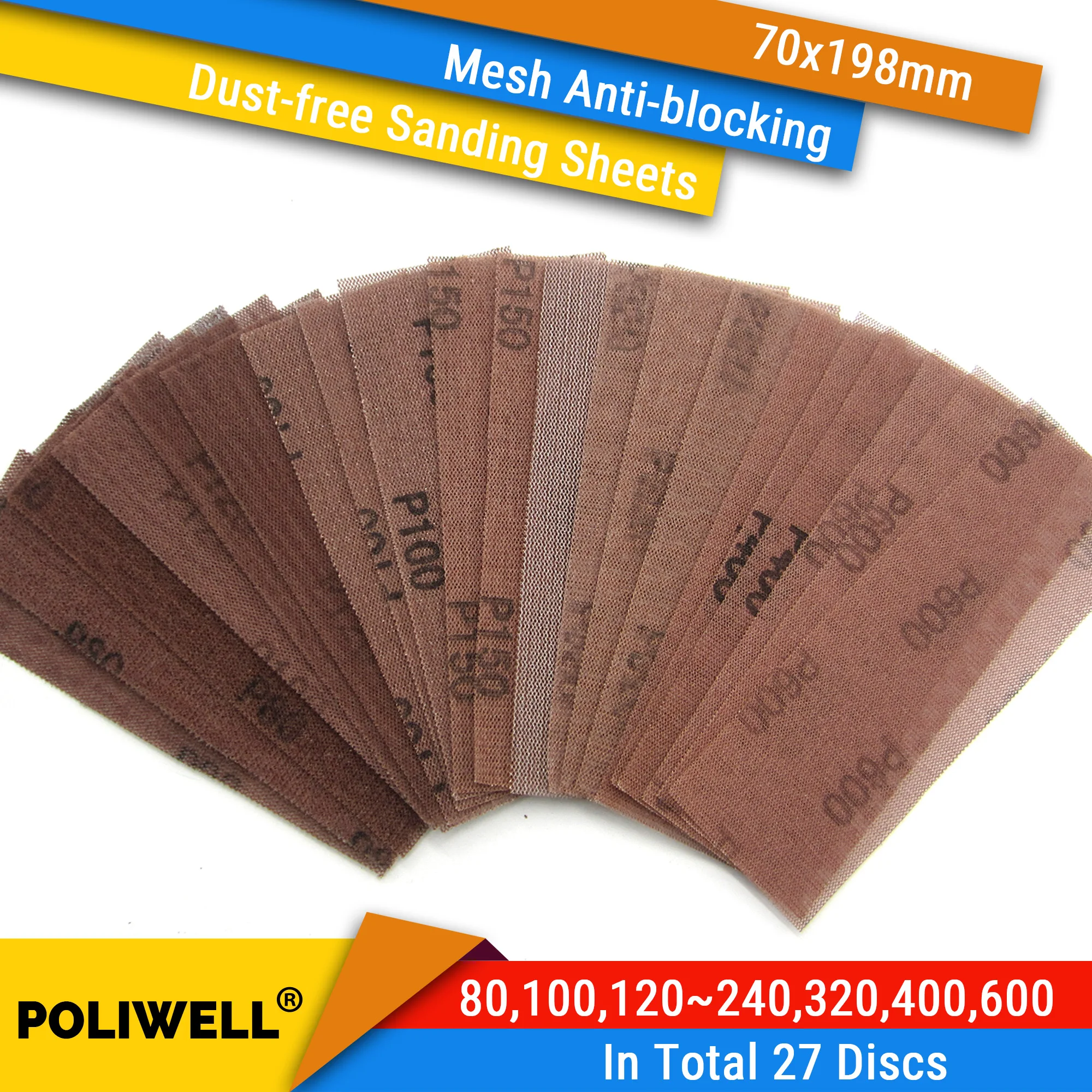 27PCS 70 x 198mm Mesh Sheet Sandpaper 80-600 Assorted Hook & Loop or Clip on Sander Pads Dust-free Anti-blocking Sanding Discs