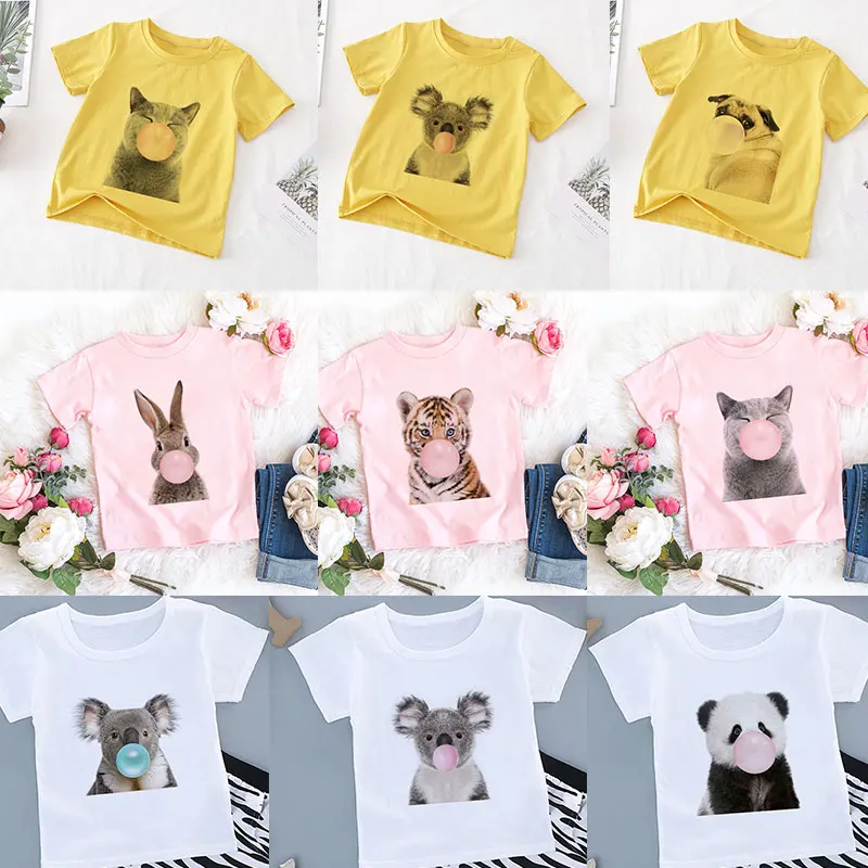 Casual New Kids Tshirt Koala Panda Dog Blowing Bubble Printed Boys Tops Unisex Girls Shirts Kawaii Short Sleeve Harajuku Cute