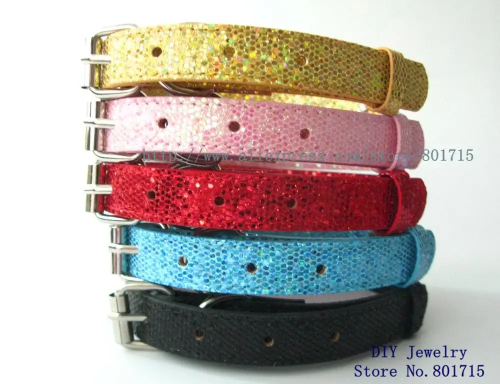 5pcs/Lot Sequins Leather Dog Cat Pet Collar 400mm Length 15mm Width With 8mm Small Belt Name Tag For Slide Letter Charms DIY