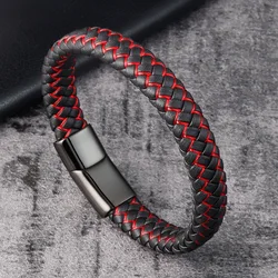 Trendy Red Genuine Leather Bracelet for Men Jewelry Multicolor Stainless Steel Magnetic Clasp Braided Wristband Male Punk Gift
