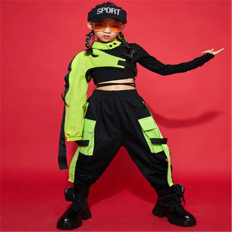 

New Hip Hop Clothes For Girls Green Single-sleeves Tops Black Pants Jazz Dance Performance Clothes Rave Outfit Streetwear