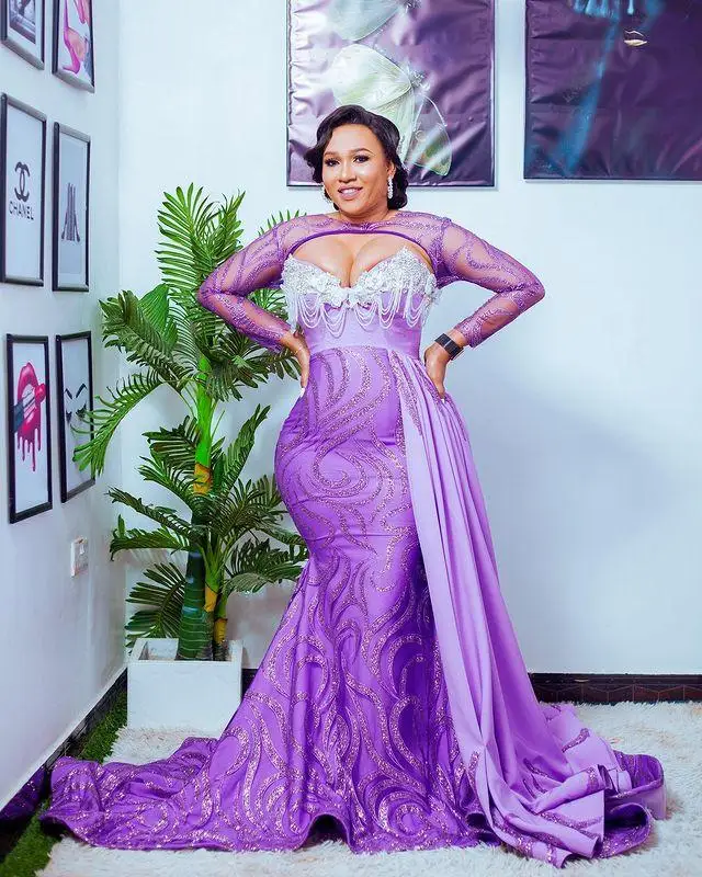 Aso Ebi Purple Mermaid Evening Gowns Saudi Arabia Plus Size Sheer Long Sleeves Prom Dresses African Sweep Train Party Dress