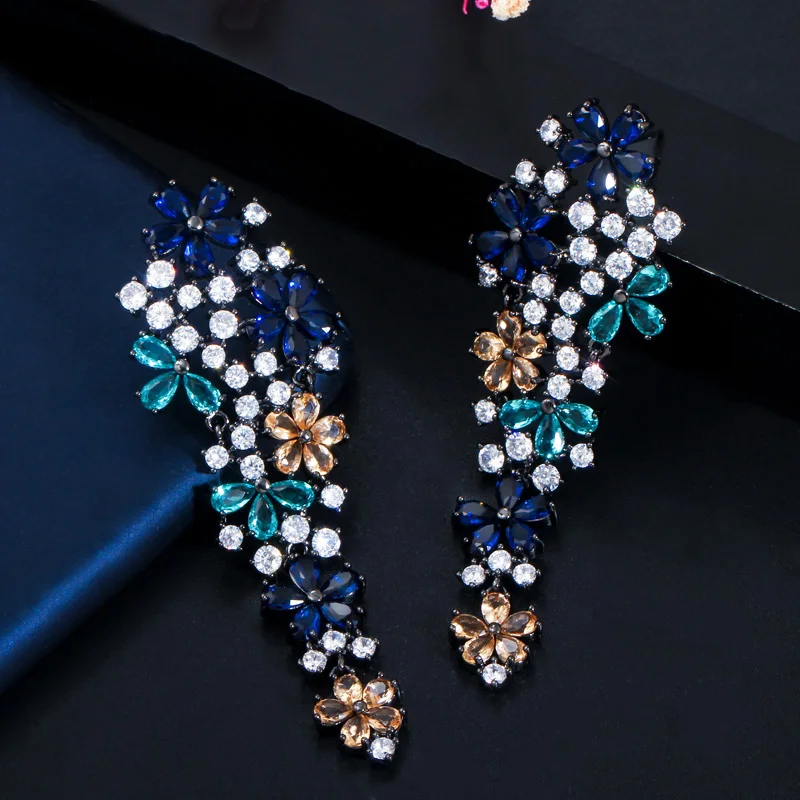 CWWZircons Lange Blumen-Ohrringe mit mehrfarbigem blauem Zirkonia für Damen, modischer Statement-Schmuck für Hochzeit und Party, Großhandel E0382 – Detail 7