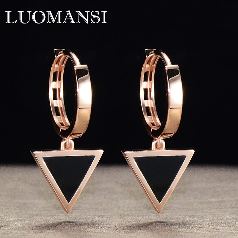 Luomansi Really 100%-18K Rose Gold 1.88g Triangle Black Agate Earrings with Certificate High Temperament Woman Jewelry Punk