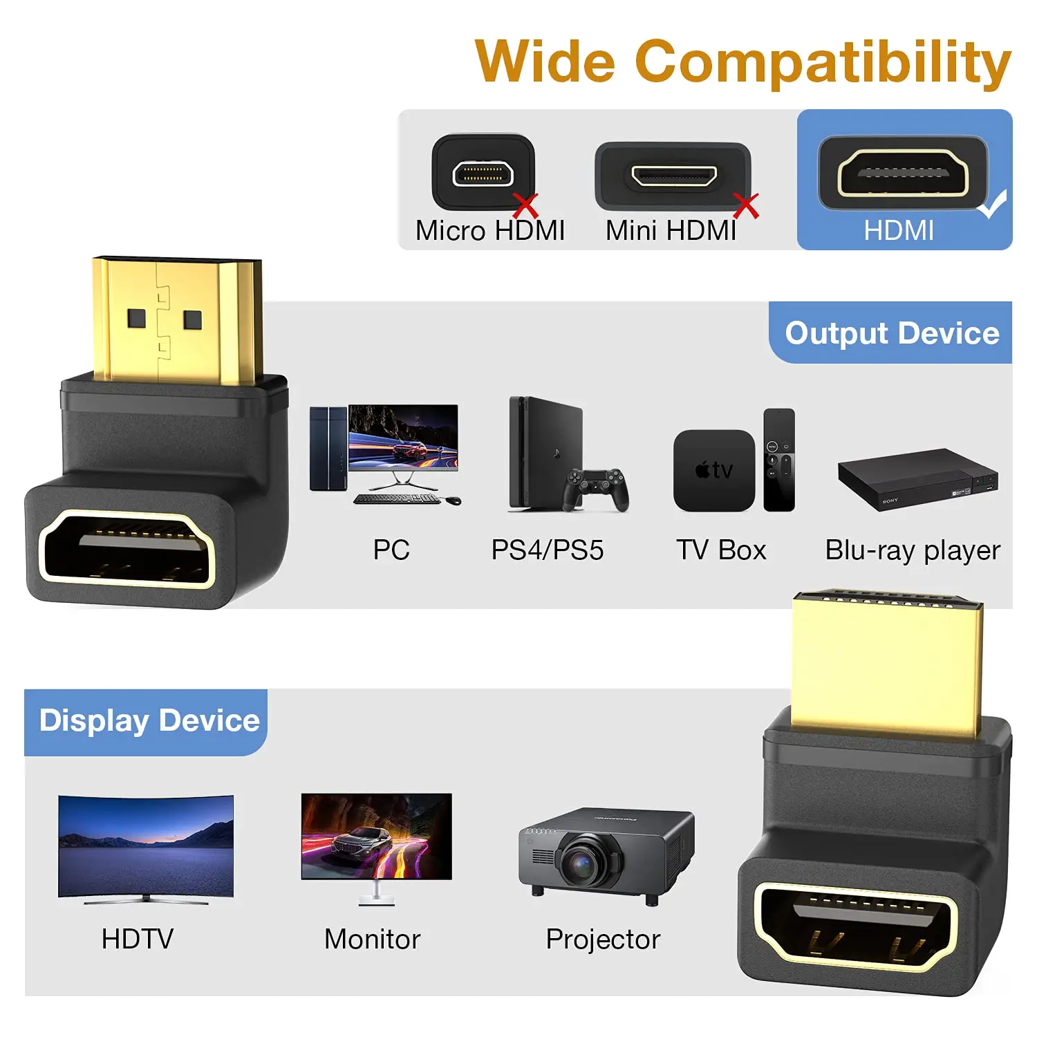 2 pacote 8k hdmi adaptador de extensão, 90 e 270 graus ângulo direito hdmi 2.1 macho para fêmea adaptador extensor