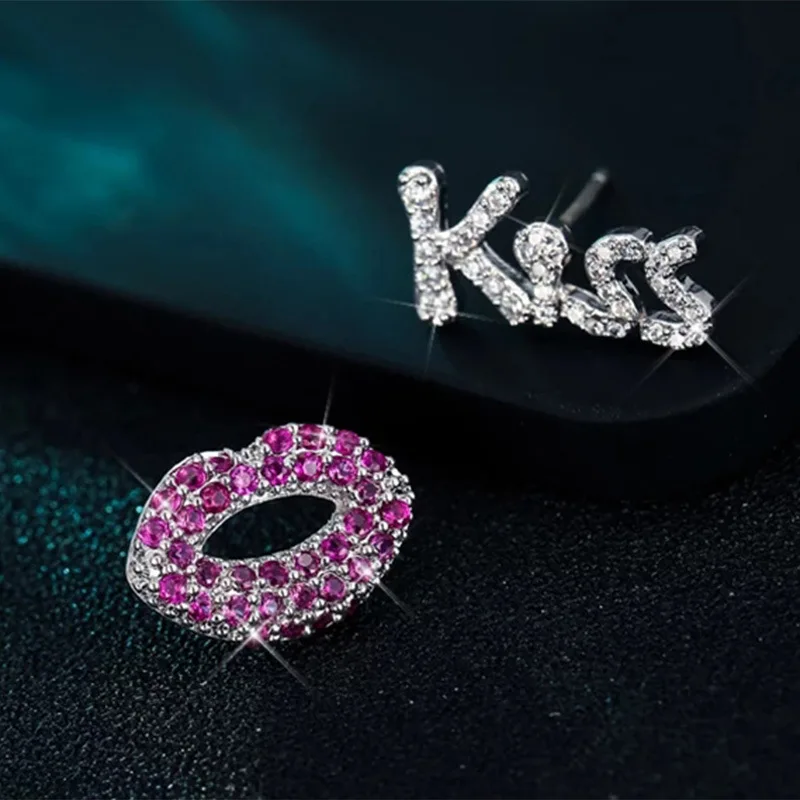 2021 South Korea's New Stud Earrings Fashion Student KISS Letter Red Lips Exquisite Simple Asymmetric Korean Jewelry