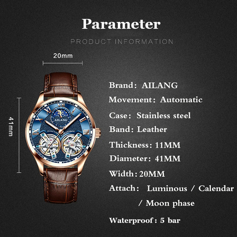 Fashion Luxury Brand Leather Double Tourbillon Watch Automatic Men Wristwatch Mechanical Steel Watches Male Relogio Masculino