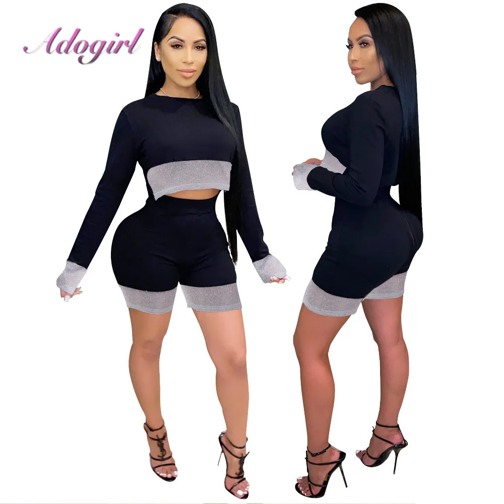 Women Night Party Club Two Piece Sets Sexy Sequine Diamond Long Sleeve Crop Tops T-Shirt Short Pants Outfit Street Matching Sets