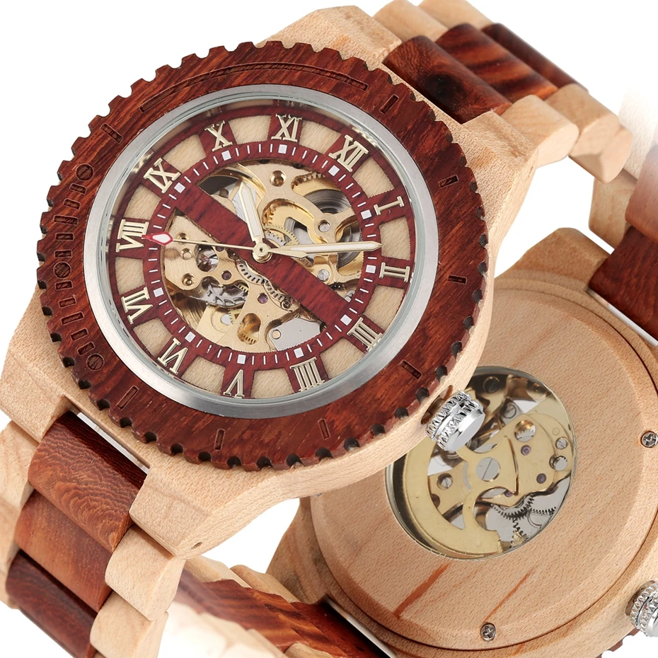 Men\'s Watch Wooden Watches Unique Automatic Business Mechanical Watch Wood Band Clock Skeleton Hollow Watch top Brand Luxury