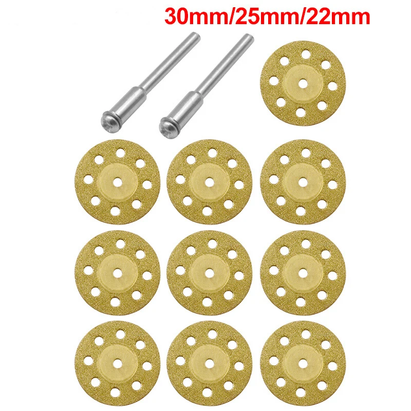 

10Piece 20/22/25/30mm Mini Diamond Saw Blade Gold Cutting Discs with 2X Connecting Shank for Dremel Drill Fit Rotary Tool