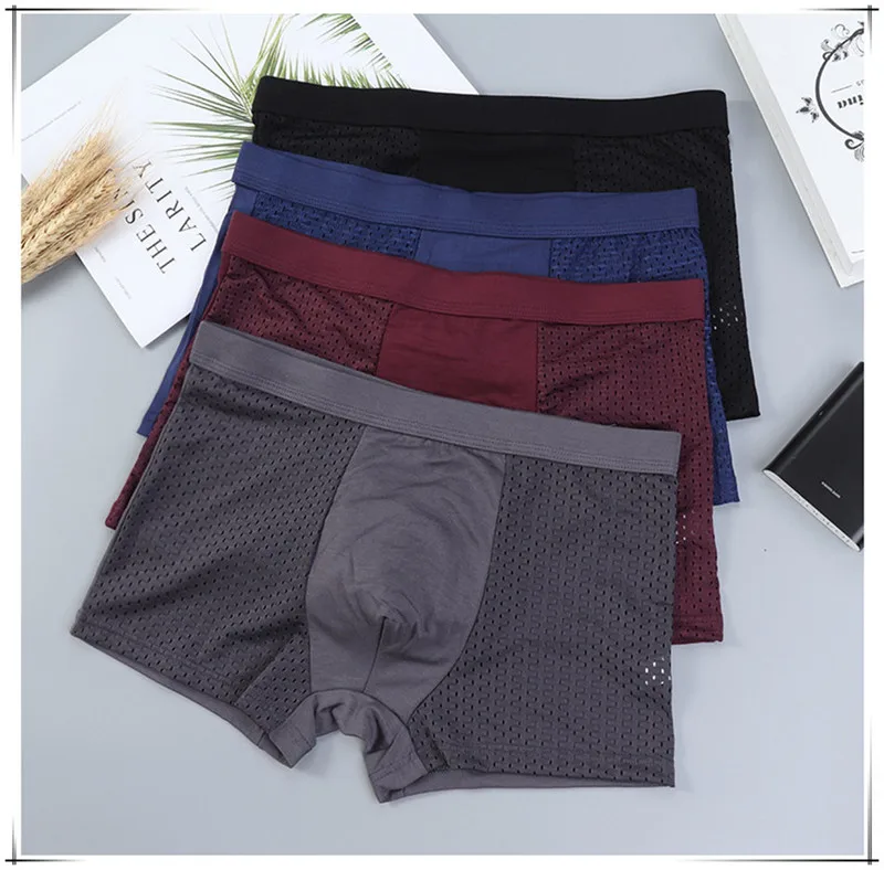 4pcs/lot Men Net Underwear Underpants Boxershorts Bamboo Sexy Sleepwear Male Small Panties for Man Transparent Mesh Thin Pants