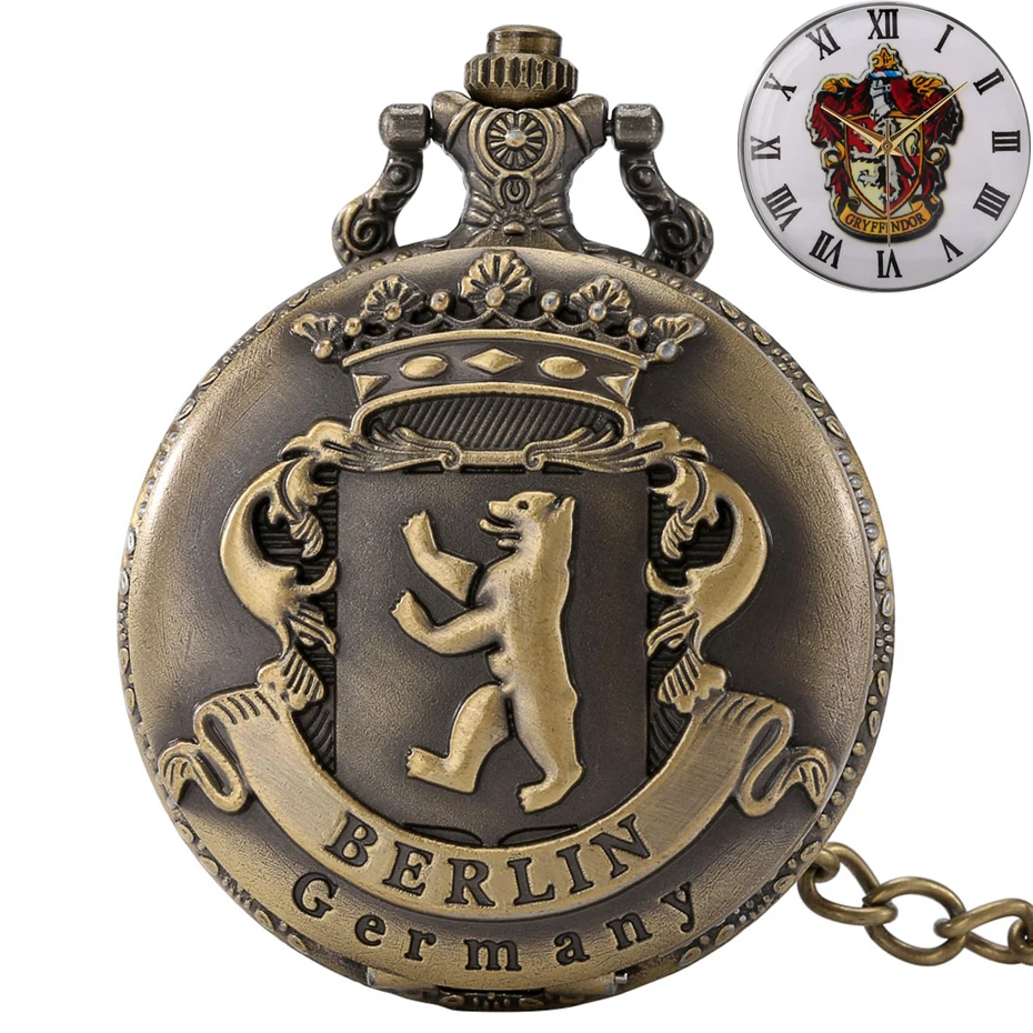 Duitsland Berlijn Gesneden Beer Quartz Zakhorloge Vintage Ketting Ronde Wijzerplaat Mooie Bronzen Hanger Ketting Fob Klok Mannen Vrouwen Geschenken