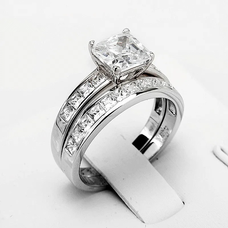 

Fashion square Princess-cut white Topaz gemstone rings Set 2-in-1 Luxury 925 silver Wedding Rings for Women jewelry gift