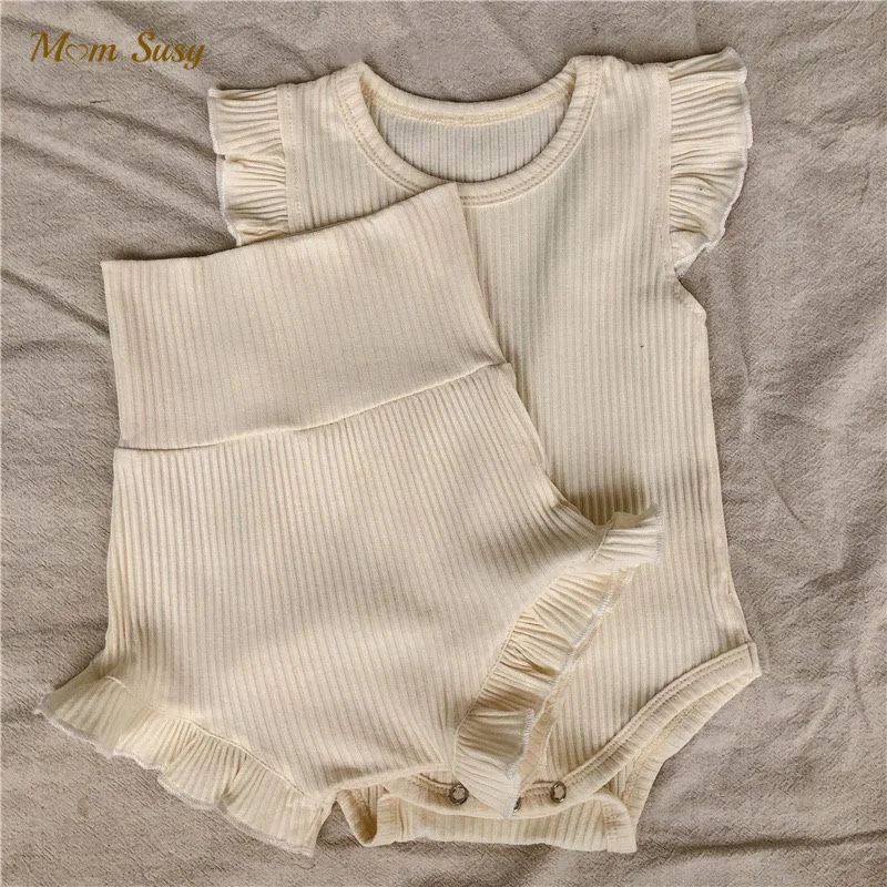 

Newborn Baby Clothes Set Romper+Shorts 2PCS Cotton Summer Baby Ribbed Ruffle Home Suit Short Sleeve Sleepwear Baby Bodysuit