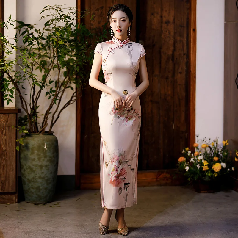 

Vintage Slim Satin Female Long Qipao Sexy Floral Printed Mandarin Collar Evening Cheongsams Oriental Chinese Dress Formal Gown