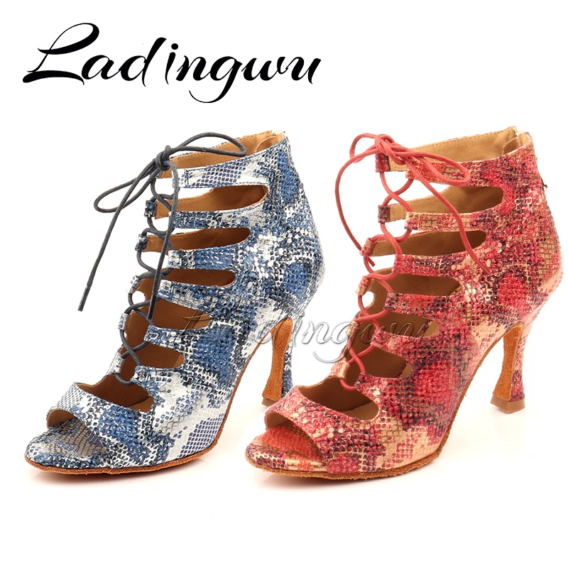 Ladingwu Latin Boots Soft Bottom Dance Shoes Zipper Women\'s sandals Latin Salsa Dance Shoes Blue/Red Snake texture Suede Boots