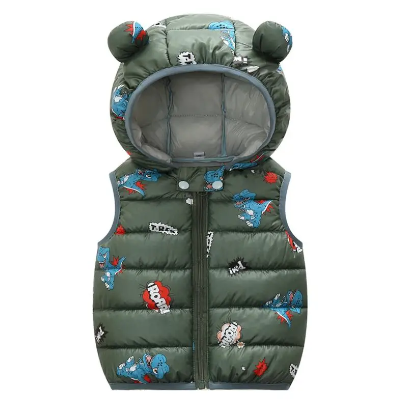 2023 Autumn Winter Baby Vest Hooded Cartoon Dinosaur Toddler Boy Girl Waistcost Kid Sleeveless Jacket Children Vest 0-5Y