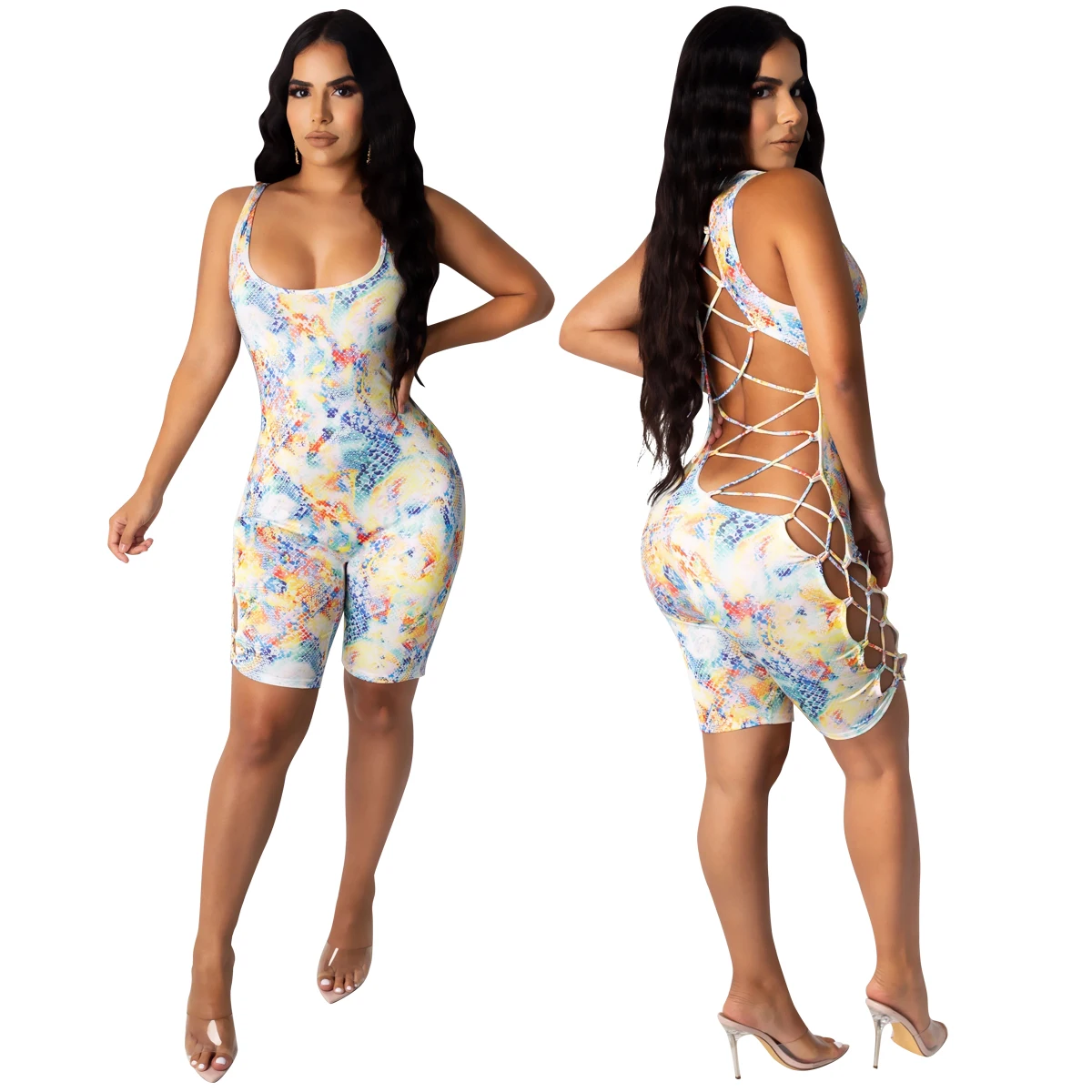 2021 European And American Summer Women's Sexy Back Bandage Tie Dyed Hollow Print Jumpsuit