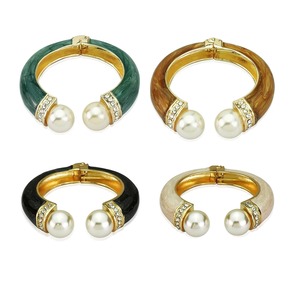 Imitation Pearl Cuff Bracelets Women Luxury Charm Oil-spot Glaze Statement Bangles Gold Color Alloy Jewelry Accessories 2022