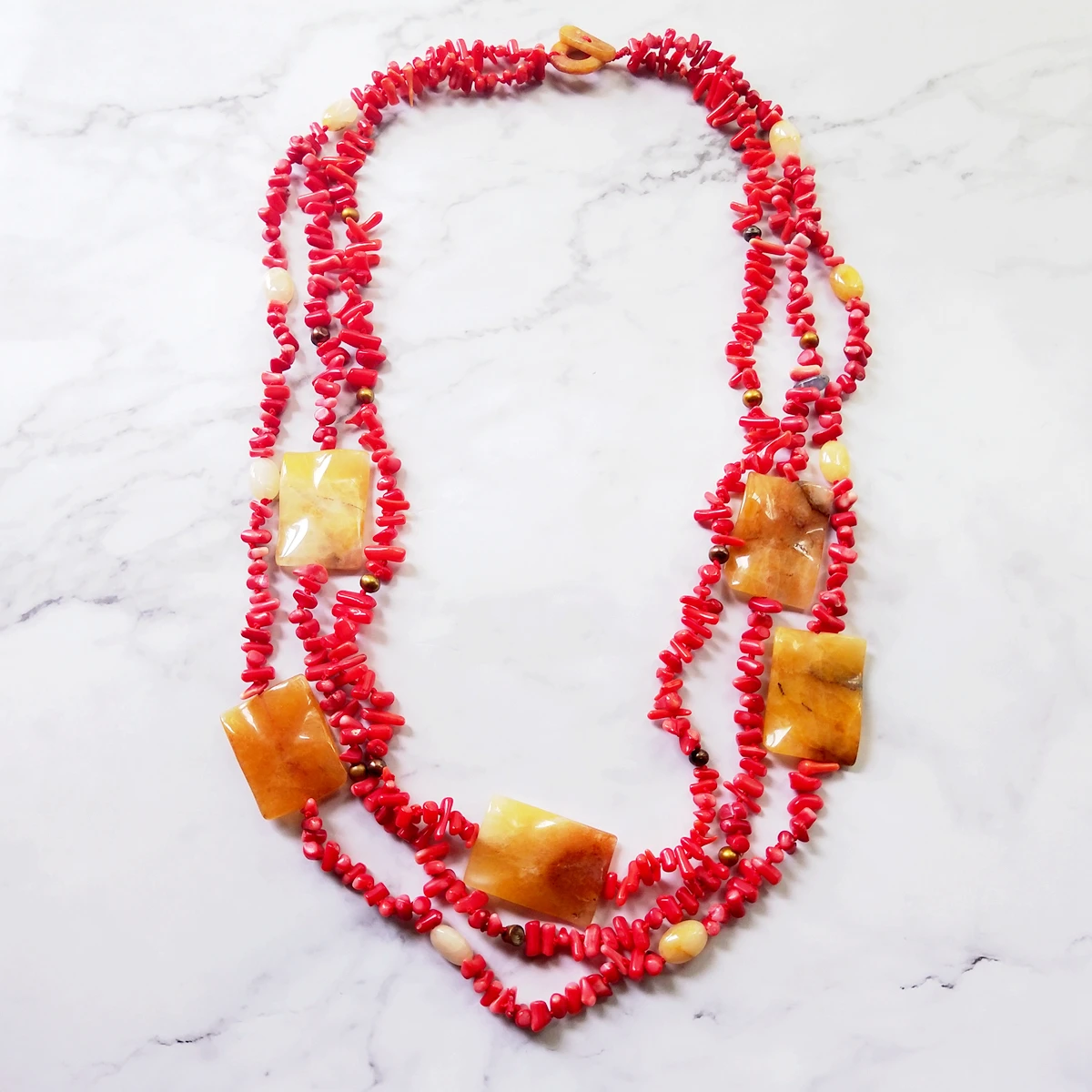 Lii Ji Red Necklace Red Coral Yellow Jades Pearl Mutil Strands Statement Long Necklace Women Jewelry 73cm