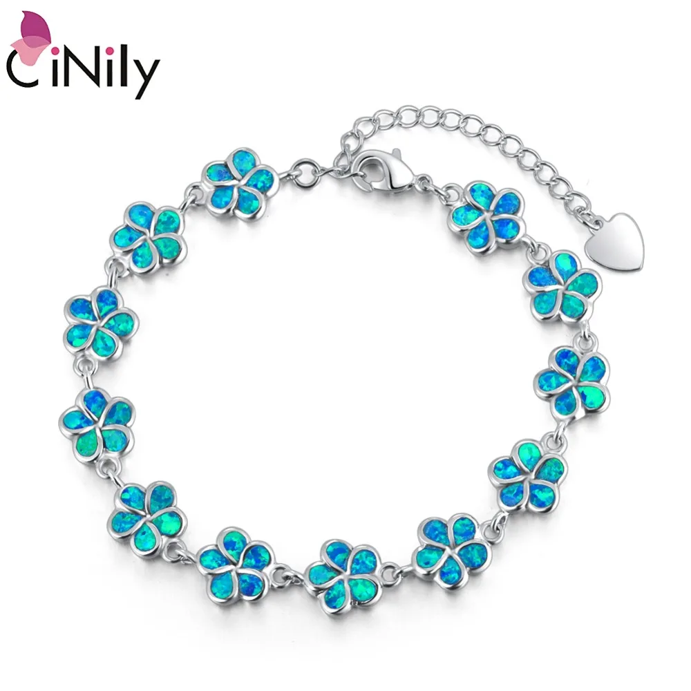 CiNily White/Blue/Pink Fire Opal Stone Wide Chain Bracelet Silver Plated Violet Cherry Blossom Flower Bohemia BOHO Jewelry Woman