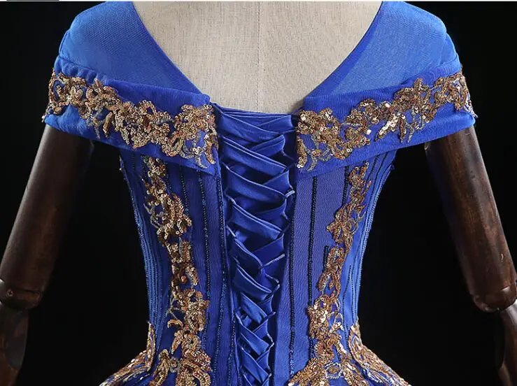 Royal blue golden เย็บปักถักร้อย rococo ball ชุดราตรียาว vintage ยุคกลางชุด Renaissance princess Victoria ชุด