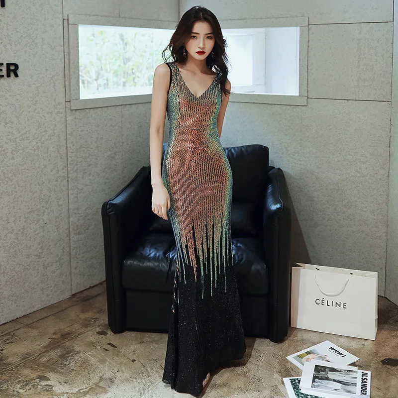 wei yin AE0326 Vintage Evening Dresses Long  V-Neck Sequined Sleeveless Mermaid Formal Dresses 2019 Elegant Party Gowns