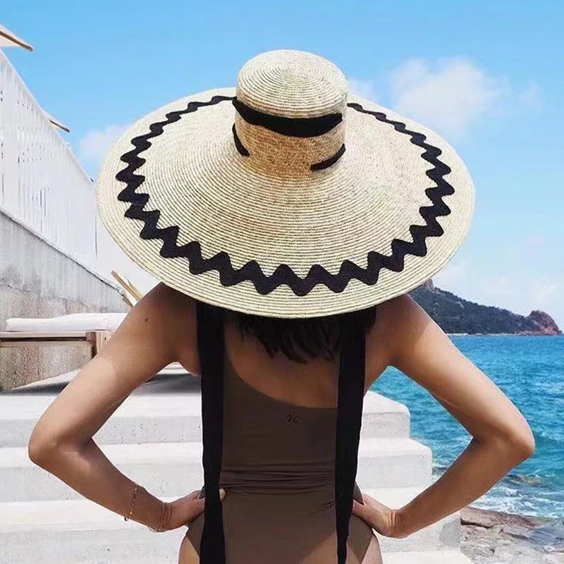 VRIGINER Patch Large Brim Straw Hat Ladies Flat Top Oversized Beach Hat Sun Hat Fashion  Hat For Woman Catwalk Straw Hat Cape