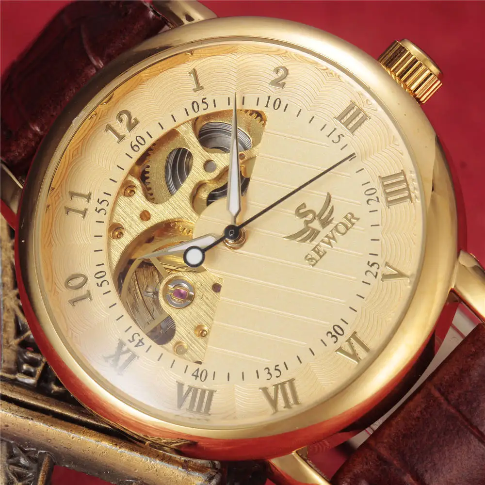 relogio masculino Luxury Brand SEWOR Men Watches Gold Skeleton Automatic Mechanical Watches Luxury Men Dress Watch Leather Strap