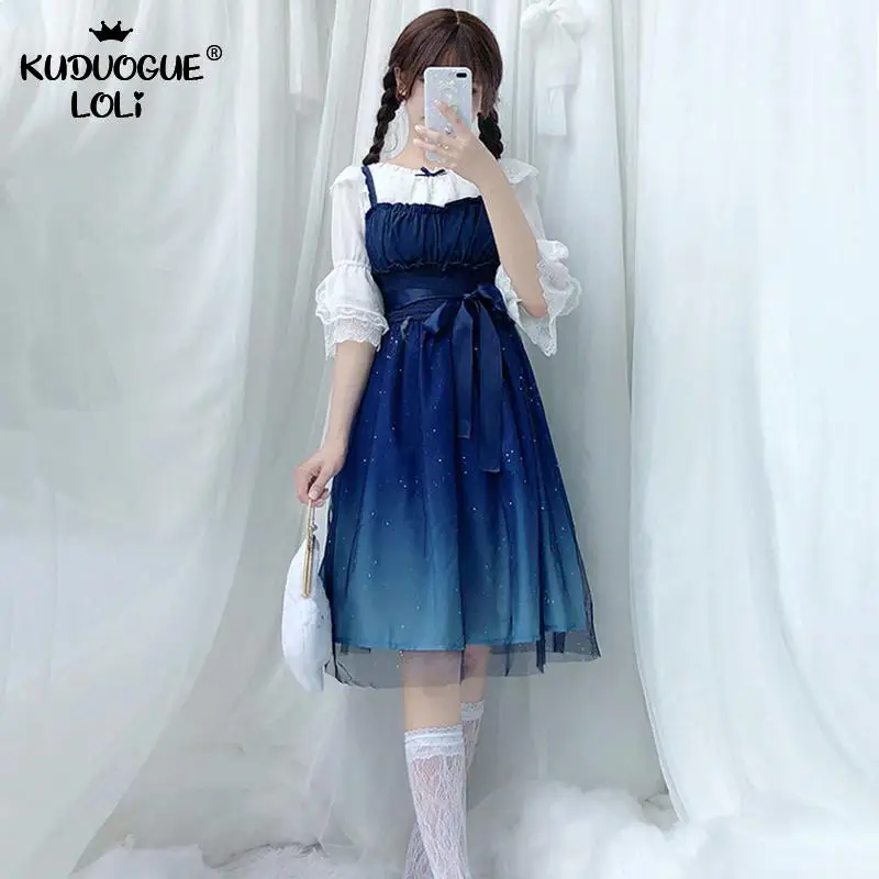 Lolita Dress Women Summer Party Dress Starry Sky Gradient Blue Suspender Chiffon Fairy Dress Mori Girl Spring Sweet Cute Costume