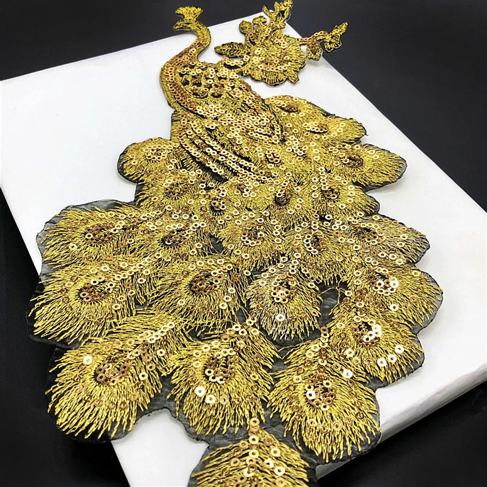 Embroidered Gold Silver Sequin Feather Peacock Peahen Sew Iron On Patches Badges Appliques For Wedding Gown Dress DIY Decoration