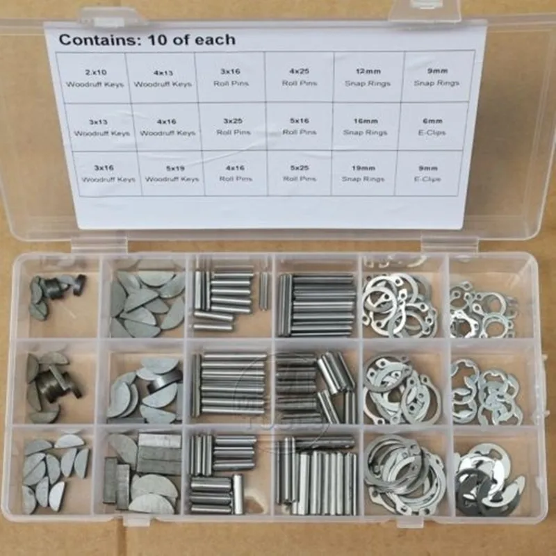 

180Pcs 18 Kinds Set Woodruff Keys Stainless Steel Snap Ring Roll Pin E-Clip Kit