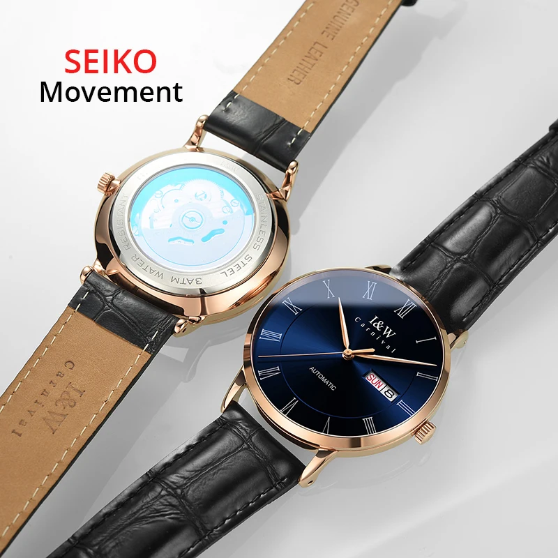 Imagem -06 - Nova Ultrafinos Relógio Automático Marca de Luxo Carnaval Seiko Movimento Relógios Mecânicos dos Homens Safira Calendário Couro Relógio Masculino