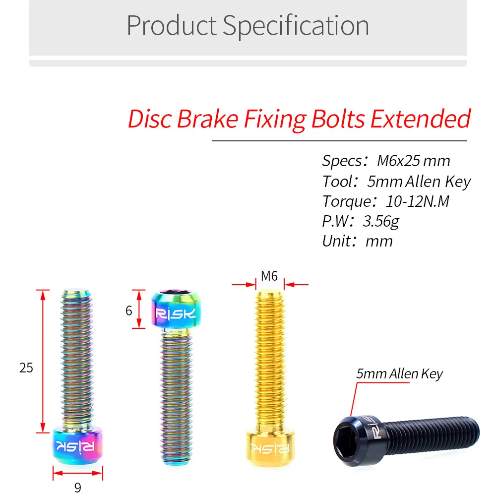 RISK 2pcs/box Mountain Bike Bicycle M6x25mm Disc Caliper Brake Fixing Bolts Screws Extended Titanium Alloy