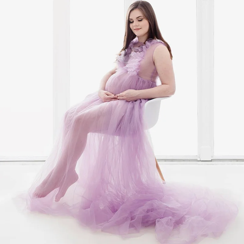 

Lavender Pregnant Women Sexy Robe Sleepwear Nightwear See Through Long Robe Tiered Ruffles Gown Bathrobe Sleep Nightdress Femme