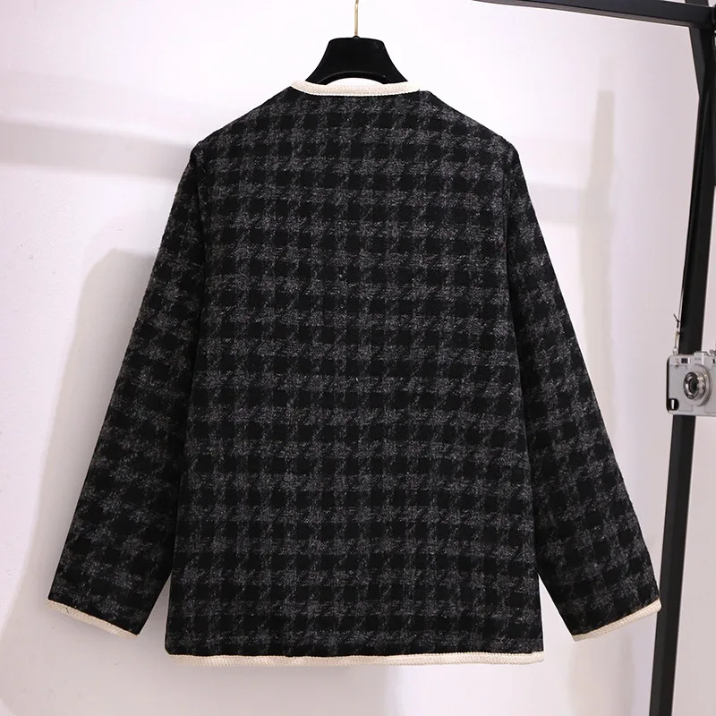 Neue 2022 Herbst Winter Plus Größe Frauen Kleidung Woolen Jacke Langarm Dicken Schwarzen Plaid Taste Mantel 3XL 4XL 5XL 6XL 7XL