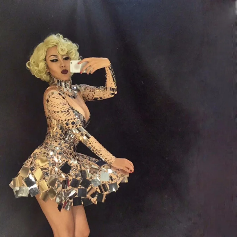 Singer mirror dress stage dance wears show Dress Rhinestone Costume party girl dresses Sparkly Silver Sequins Bodysuit