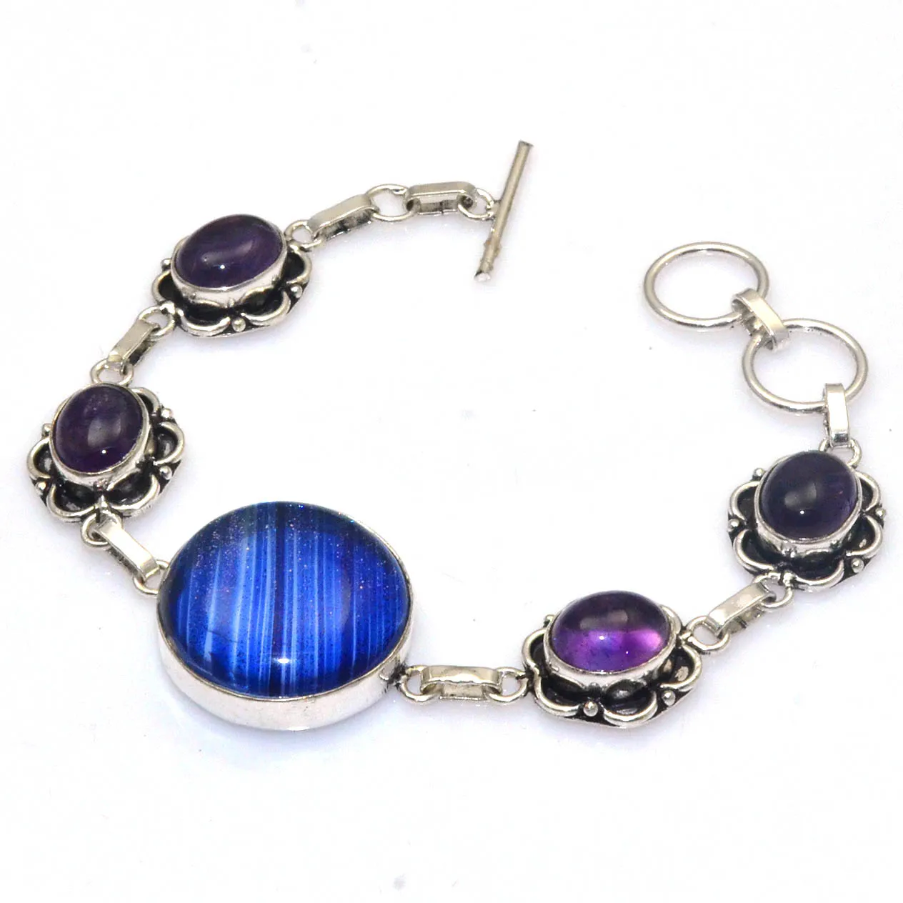 Genuine  Dichroic Glass + Amethyst Bracelet  Silvers  Overlay over Copper,  19 cm , B4468