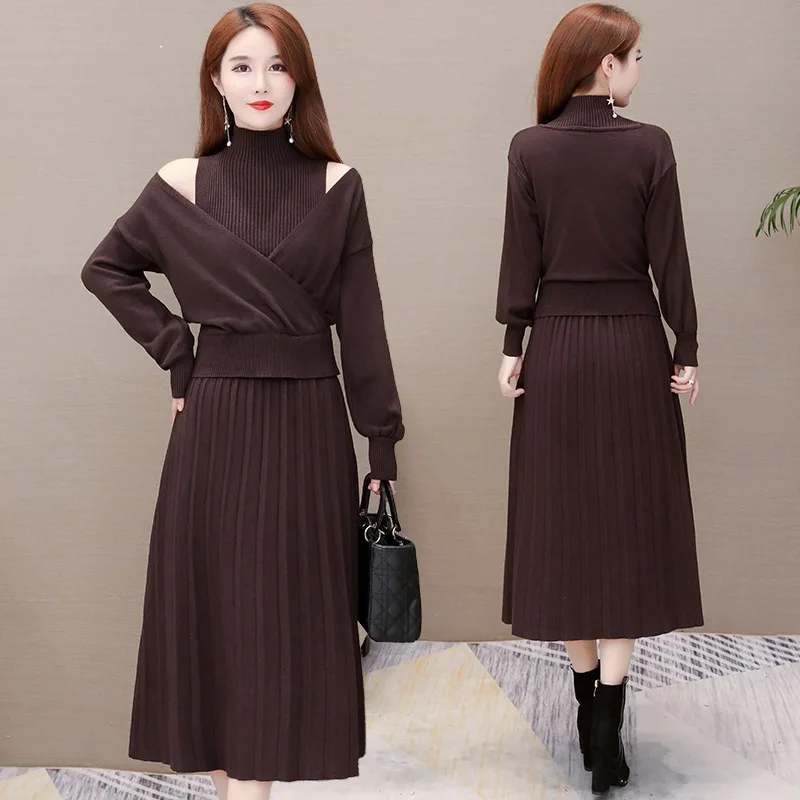 Vestido de suéter de Cuello medio alto elegante para mujer, conjunto de 2 piezas, chaleco sin mangas, Vestidos de punto Midi, traje de talla grande, trajes de invierno