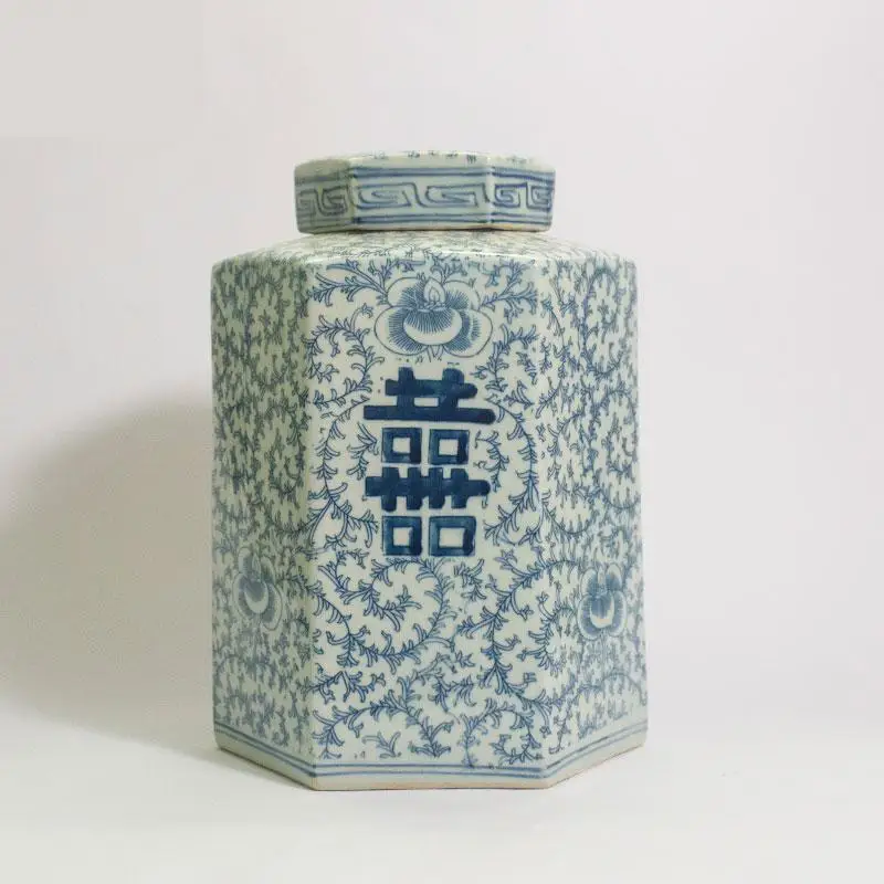 Six Square Jar Jingdezhen Blue And White Porcelain jar pot Antique Decoration Antique Collection ceramic jar vase