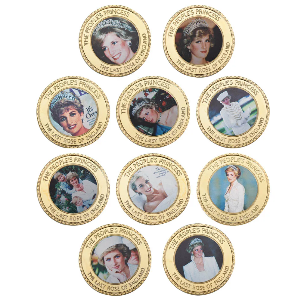 10pcs Diana Princess of Wales Gold Plated Coins Collectibles with Coin Holder Challenge Coin Souvenir Gift Set