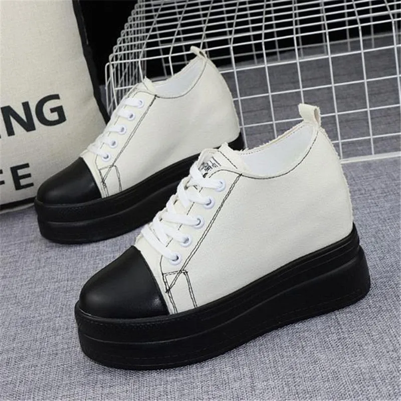 New Arrival Women Hidden Heel Platform Wedge Canvas Shoes Outdoor White Black Fashion Girls Wedge Sneakers