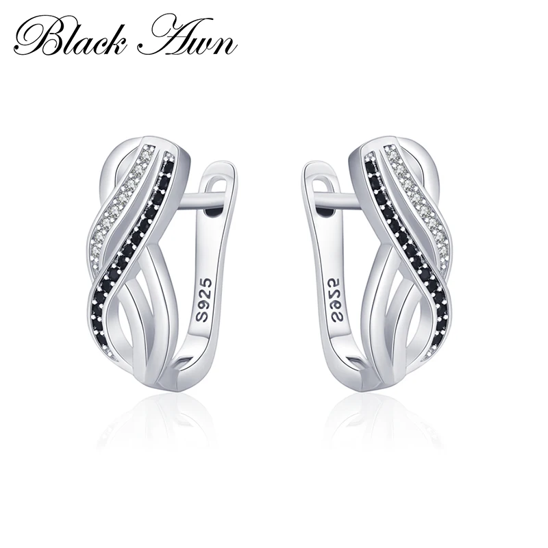 Black Awn 2024 New Hoop Earrings for Women Classic Silver Color Trendy Spinel Engagement Jewelry I211