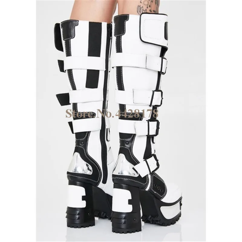 2024 New Women Chunky Heels Motorcycle Knee High Boots Winter Patchwork Buckle Strap Platform Boots High Heel Gothic Shoes Woman