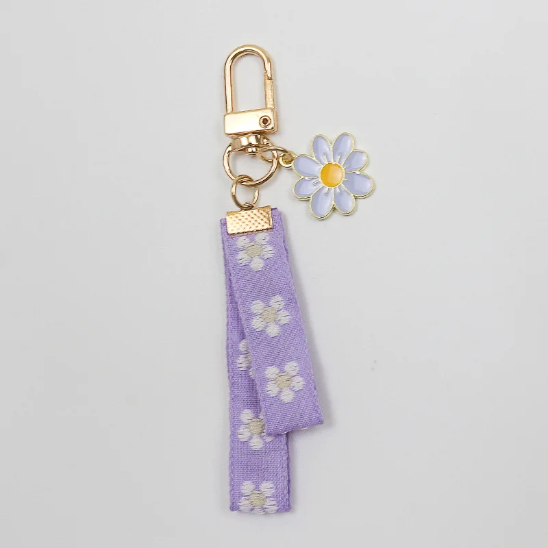 Fashion Elegant Purple Ribbon Keychain Simple Flower Keyring Korean Car Bag Ornament Bluetooth Headset Pendant Charm Accessories