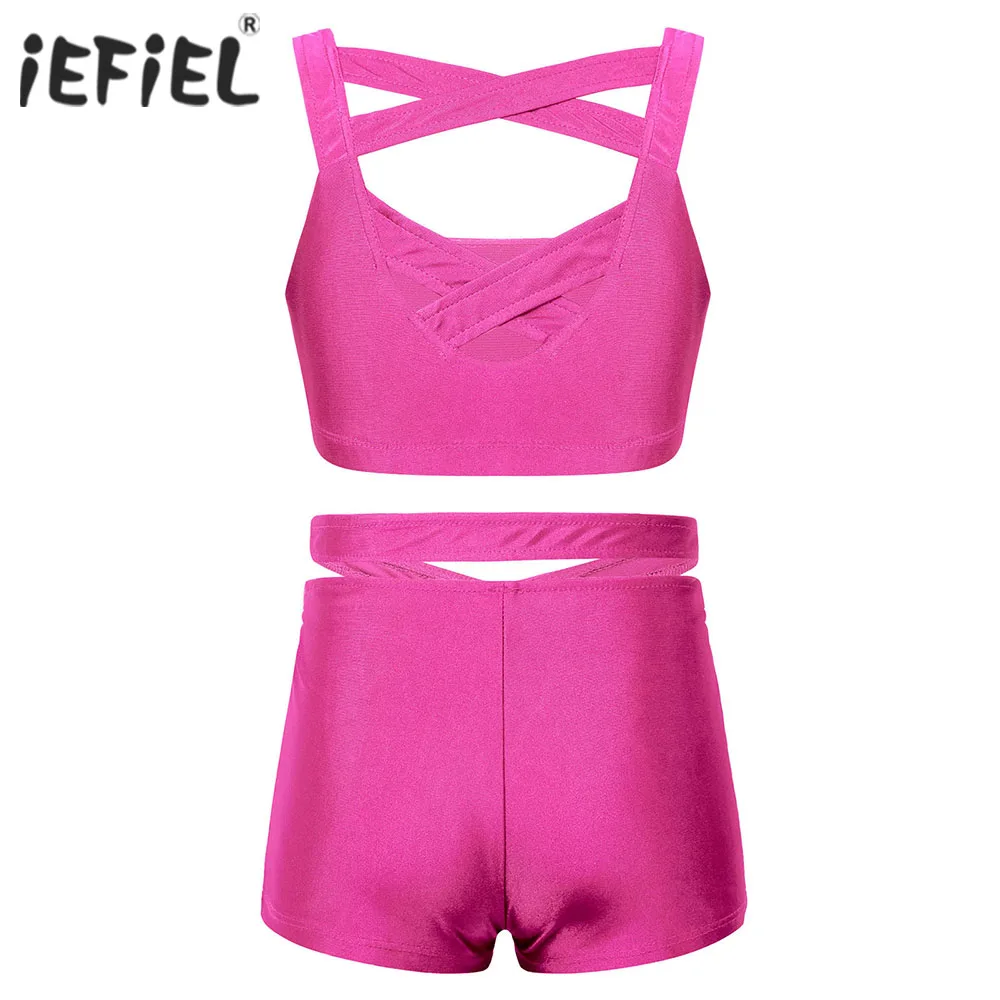 2021 New Girls Summer Clothing Kids Baby Short Sleeve Tops Crop Shorts Gym Ballet Outfits Solid Color 2Pcs Set Tracksuit