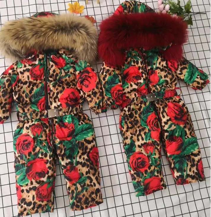 Real fur hooded 2021 Winter Jacket child jackets children jumpsuit snow suit girl floral overall down romper ski suits outerwear