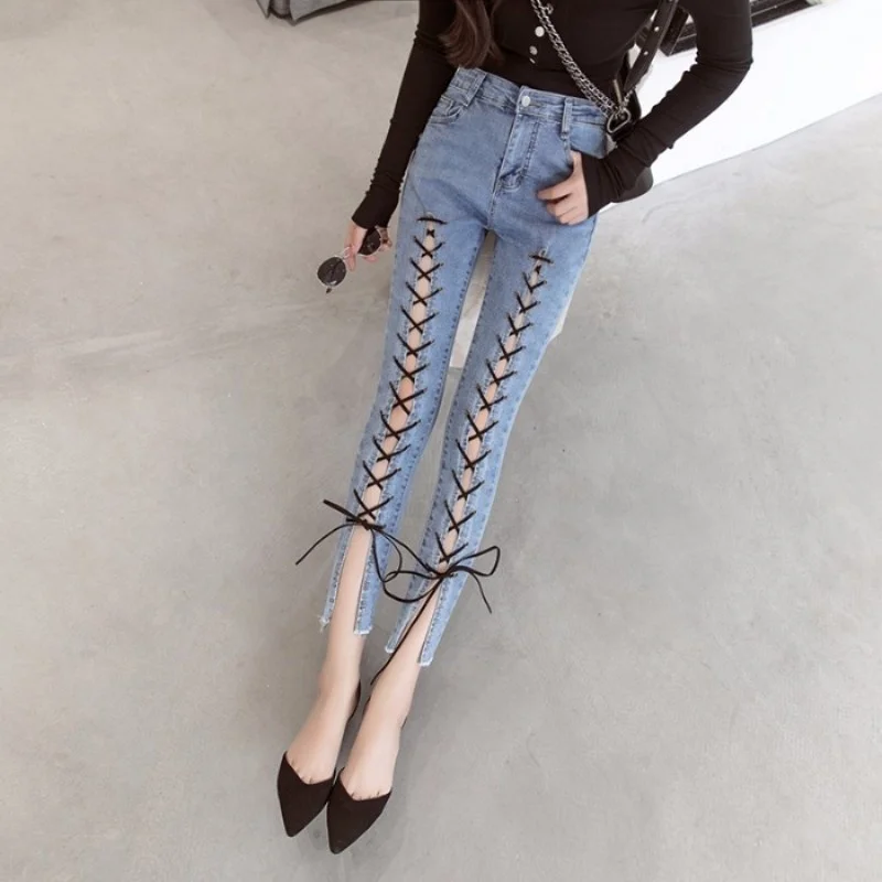 New Summer Women Lace Up Hollow Out Jeans Slim Fit Elastic Denim Pencil Pants Skinny Trousers High Waist Ladies Jeans Streetwear