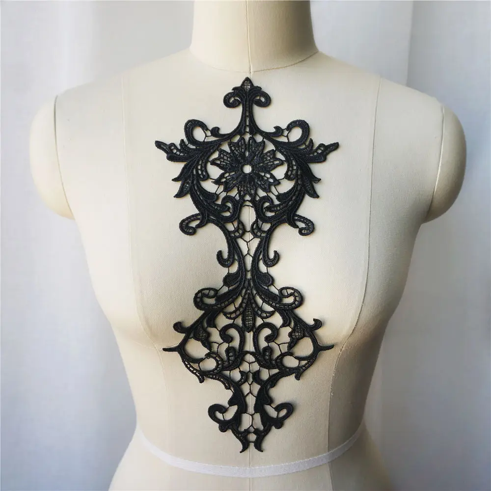 Black Embroidered Fabric Appliques Flora Gothic Baroque Gown Collar Sew On Patch For Wedding Decoration Dress DIY