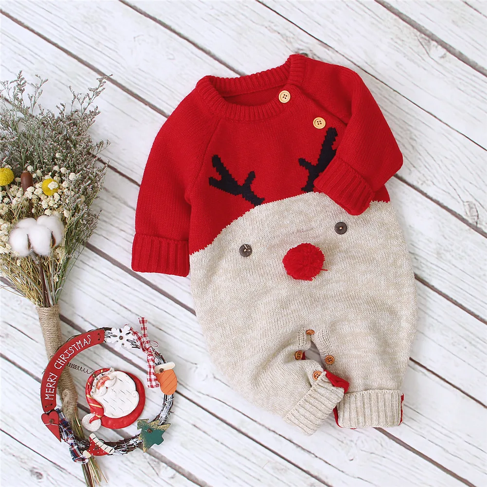 0-2Y Baby Boy Girl Christmas Rompers Reindeer Knitted Infantil Jumpsuits Xmas New Year\'s Costume Winter Warm Wool Baby Clothing